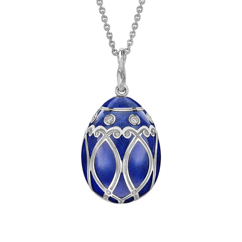 Forever Guilloché Enamel Egg Pendant - White Gold and Royal Blue