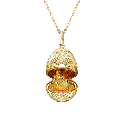Heritage Yellow Gold White Guilloché Enamel Hen Surprise Locket