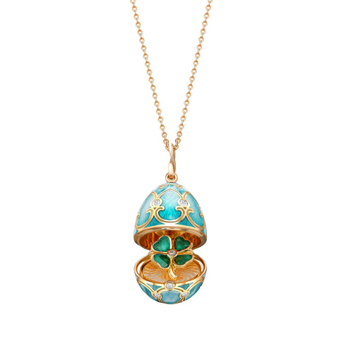 Heritage Yellow Gold Turquoise Guilloché Enamel Clover Surprise Locket