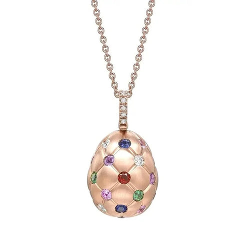 Treillage Brushed Rose Gold & Multicoloured Gemstone Set Egg Pendant
