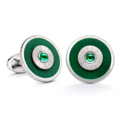 White Gold  Emerald & Green Guilloché Enamel Cufflinks