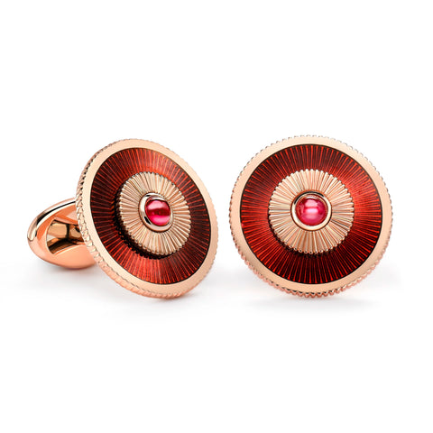 Rose Gold Ruby & Red Guilloché Enamel Cufflinks