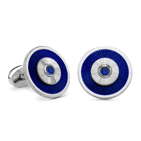 White Gold Sapphire & Blue Guilloché Enamel Cufflinks