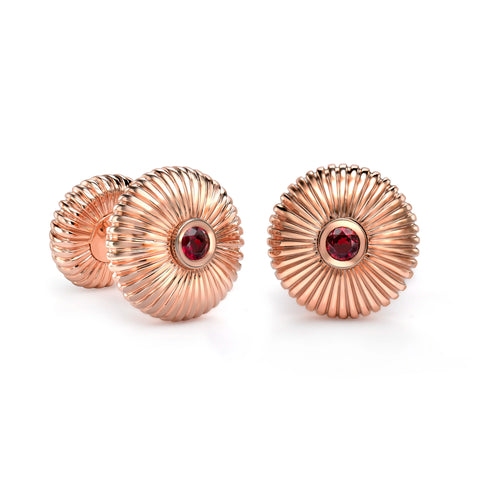 Rose Gold Ruby Set Round Fluted Cufflinks