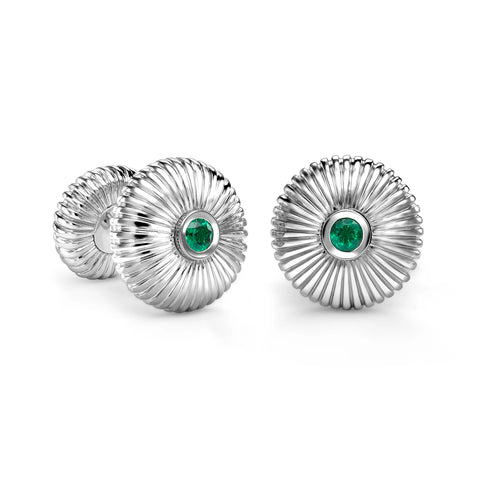 White Gold Emerald Set Round Fluted Cufflinks