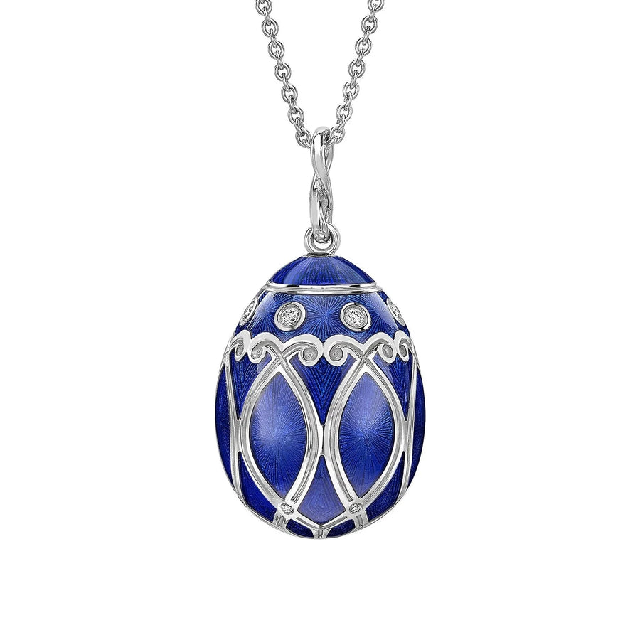 Forever Guilloché Enamel Egg Pendant - White Gold and Royal Blue